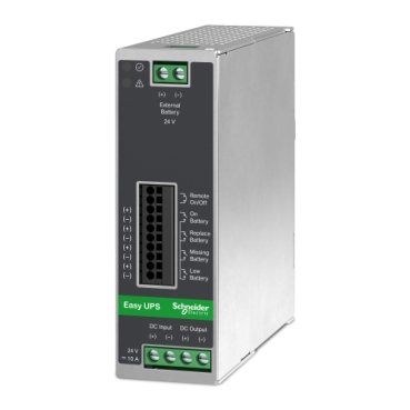 The Industrial UPS 24V DC DIN Rail is a part of the Schneider Electric's Easy UPS family. This model is a 480W UPS that offers DC input to DC output for industrial equipment support. It features 0-5V signaling relay contacts, up to 4 total external battery pack support, LED indicators and EPO switch for better control over the indutrial controls infrastructure. It comes with a 2-year standard warranty.